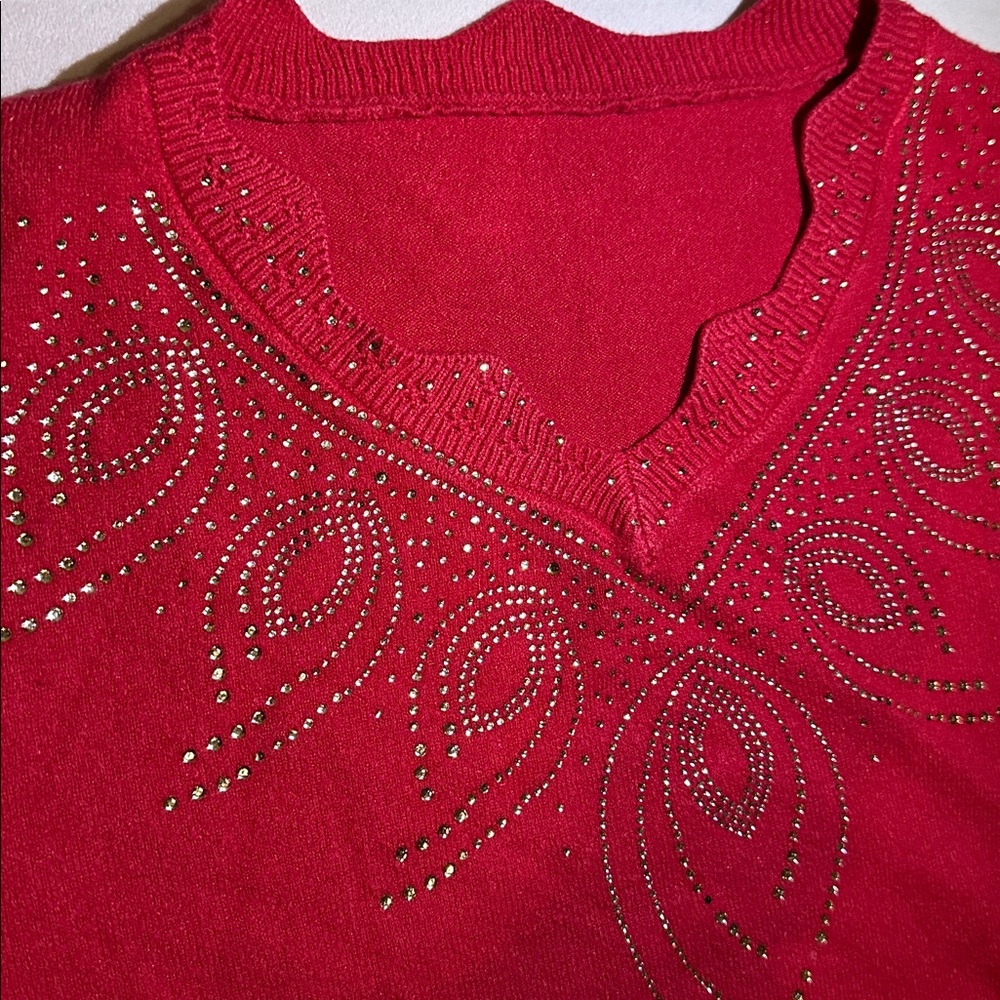Embellished Red V-Neck Women's Sweater